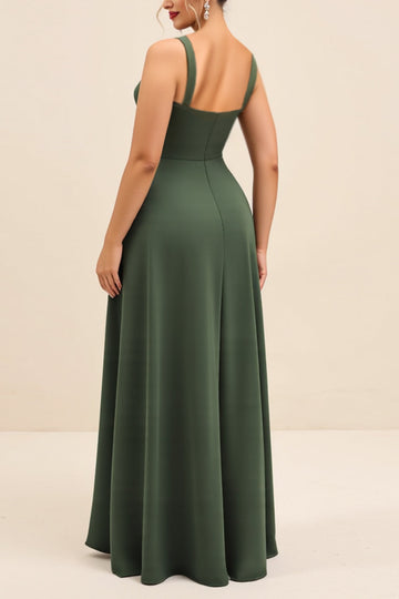Olive Sheath Square Neck Ruched Satin Long Bridesmaid Dress with Slit